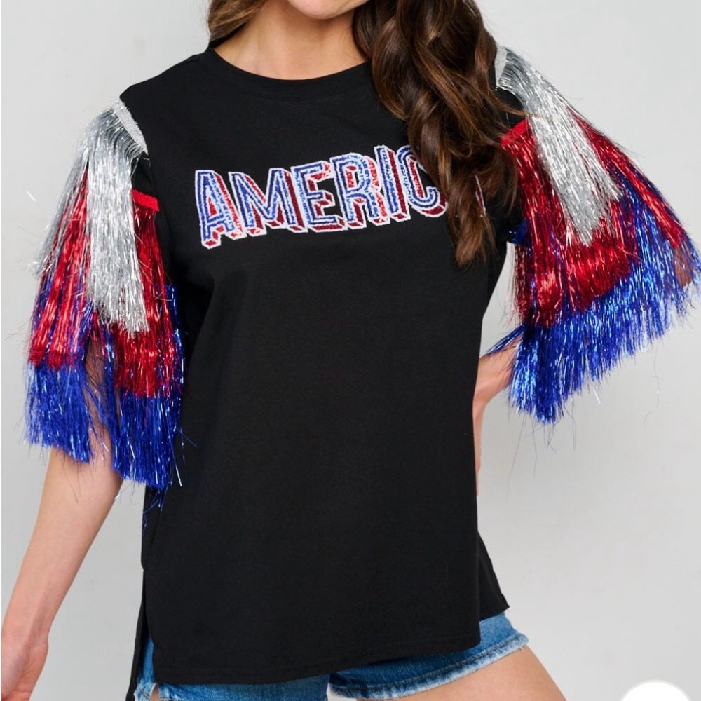 Black T-Shirt with Red, Blue, and Silver Fringe Sleeves